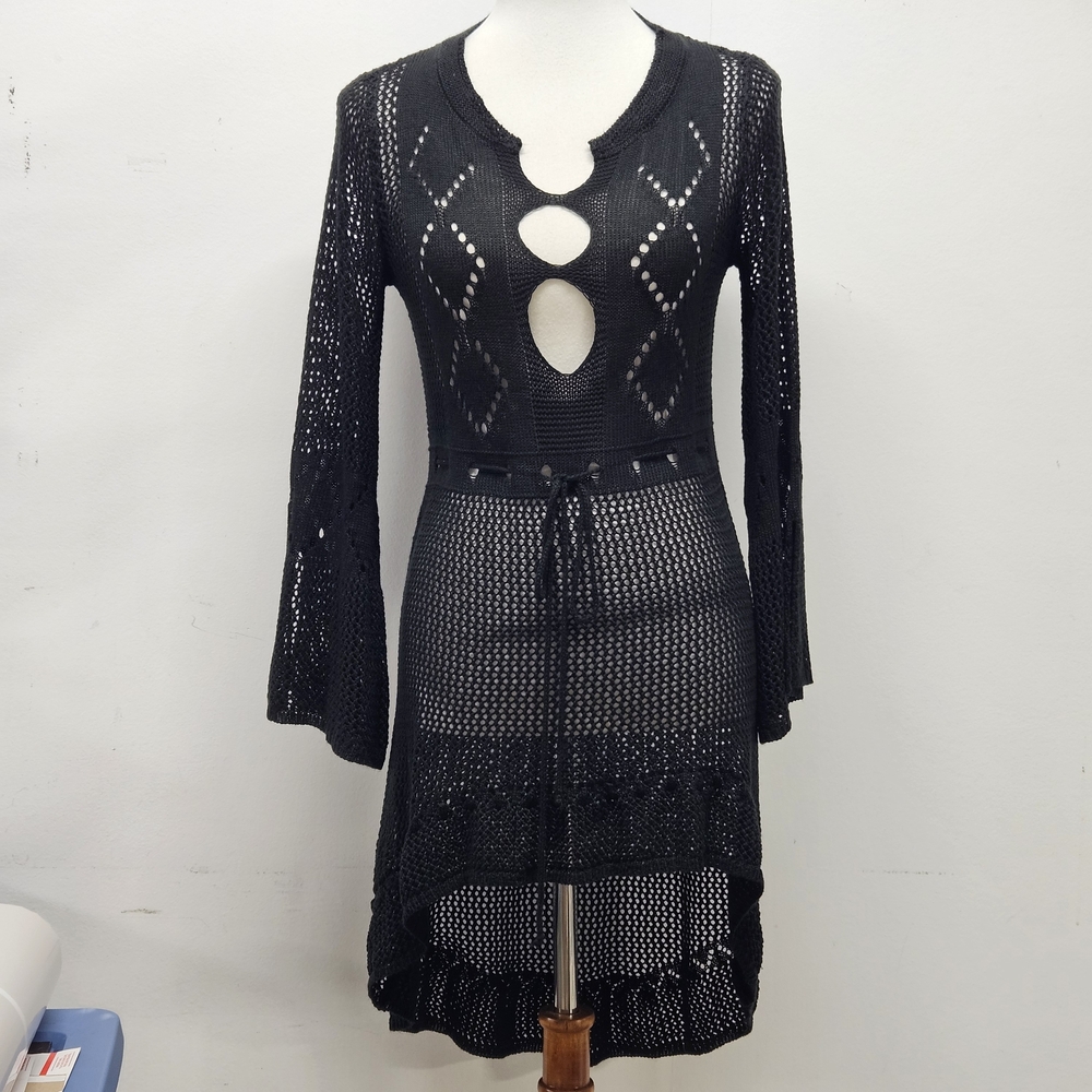 Crochet Mini Dress Bell Sleeves Cutout Detail Beach Cover Up BLK Gothic Layering